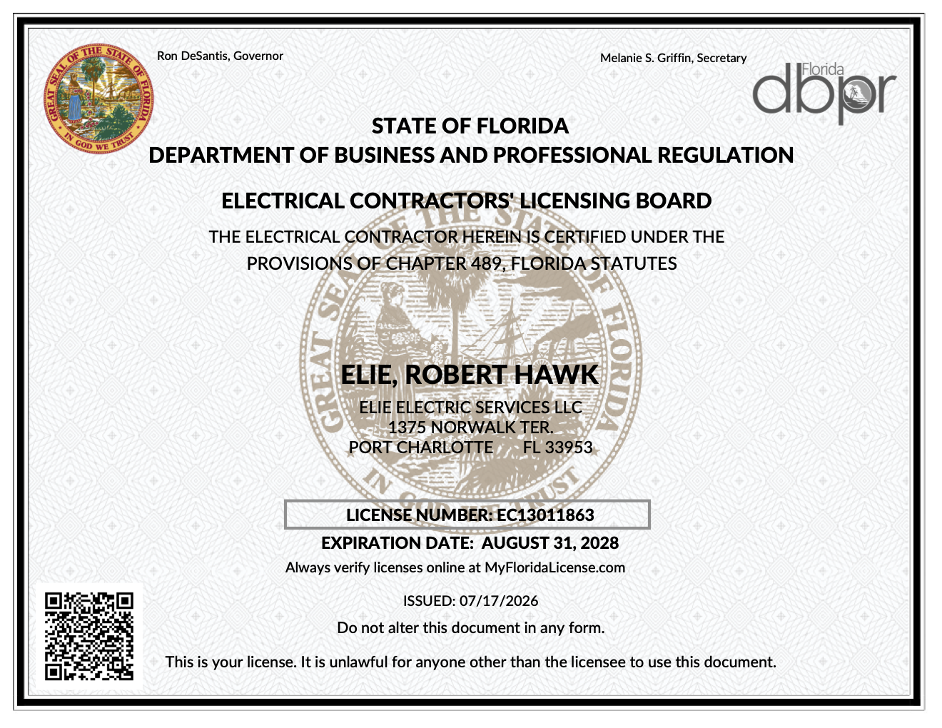 Elie Electric Ec License Exp 8.31.28